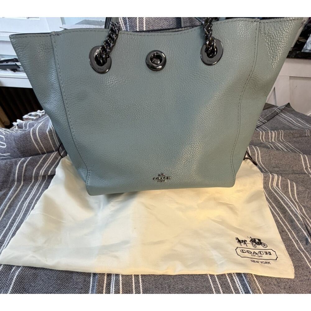 Coach Light Blue Pebbled Shoulder Bag with Chain, Logo, Turn Lock & Tag Accent - Picture 9 of 13